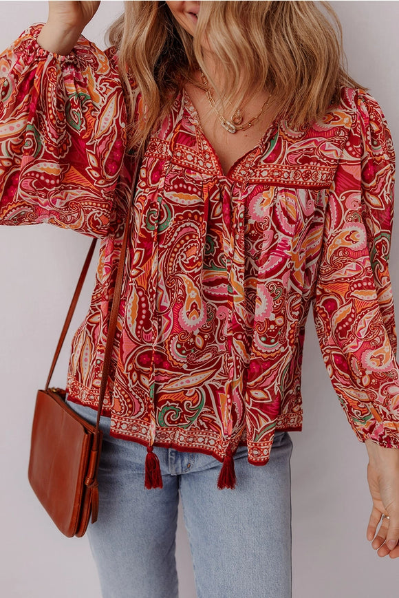 Retro Paisley Boho Tassel Tie Blouse - Rust