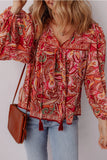 Retro Paisley Boho Tassel Tie Blouse - Rust