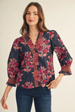 Floral Print Ruffle-Trim Smocked Cuff Blouse- Navy
