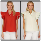 Scalloped Edge Flutter Sleeve Blouse