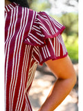 Striped Ruffle Sleeve Split Neck Top- Maroon