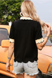 Color Contrast Collared Puff Sleeve Blouse - Black