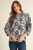 Floral Print Stripe Trim Split Neck Blouse - Navy