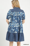 Countryside Denim Floral Tiered Mini Dress - Blue