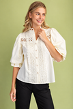 Scalloped Lace Puff Sleeve Button-Up Blouse