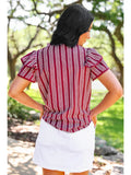 Striped Ruffle Sleeve Split Neck Top- Maroon