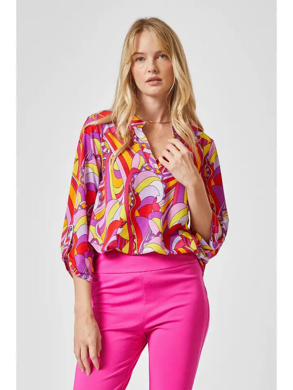 Lizzy 3/4 Sleeve Retro Swirl Top - Magenta