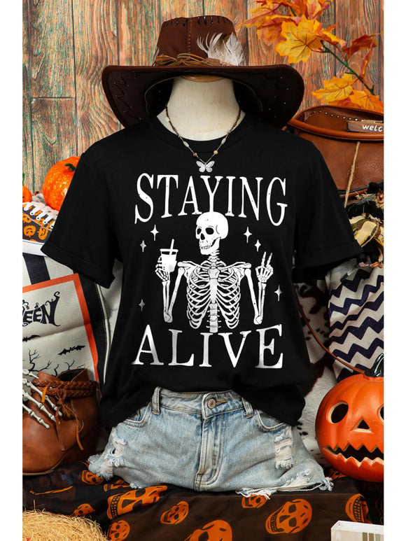 Staying Alive Skeleton Round Neck Graphic Tee
