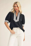 Striped Trim Split-Neck Puff Sleeve Top