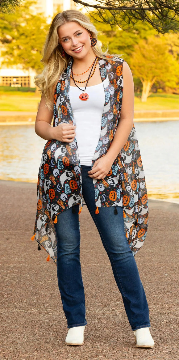 Happy Halloween Tassel Vest/Scarf - Black