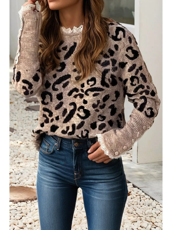 Lace Ribbed Neck Button Ribbed Sweater