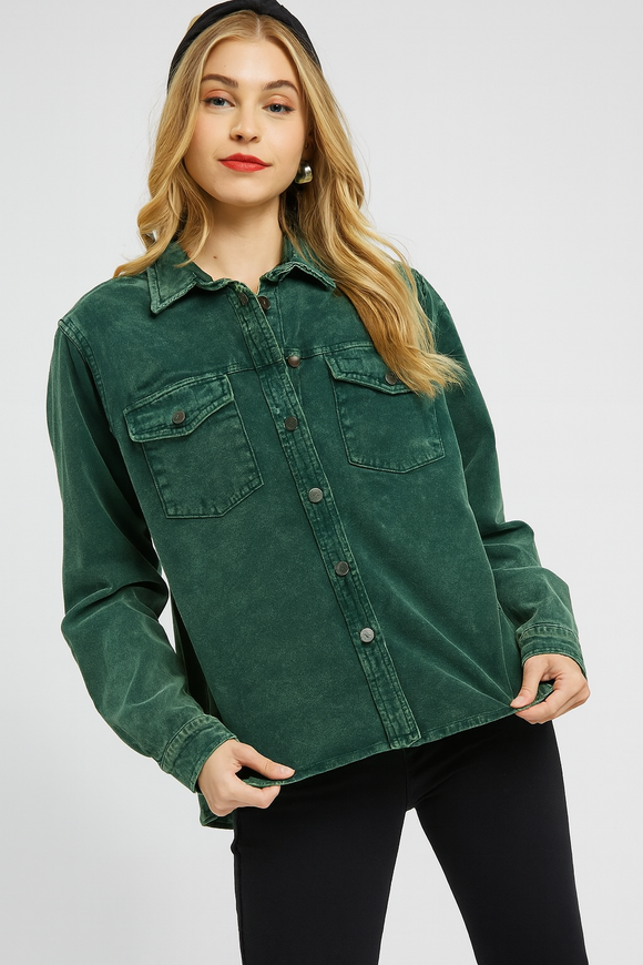 Woodland Breeze Cord Shacket- Forest Green