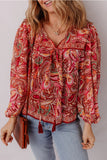 Retro Paisley Boho Tassel Tie Blouse - Rust