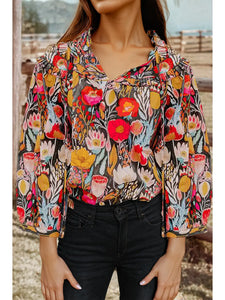Vibrant Floral 3/4 Puff Sleeve Tied Neck Blouse