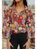 Vibrant Floral 3/4 Puff Sleeve Tied Neck Blouse