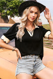 Color Contrast Collared Puff Sleeve Blouse - Black