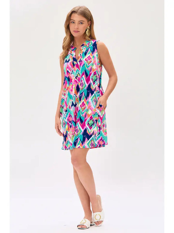 Geometric Fair Isle Sleeveless Tunic Dress - Fuchsia/Mint