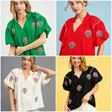 Floral Embroidered Balloon Sleeve Blouse