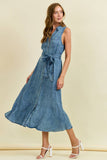 Tencil Button-Front Tie Waist Midi Dress w/Ruffle