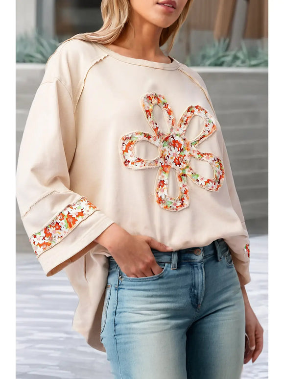 Flower Patch Exposed Seam Wide Sleeve Loose Sweater Top