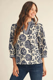 Floral Print Stripe Trim Split Neck Blouse - Navy