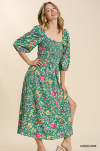 Floral Print Smocked Detail Maxi Dress with Side Slit