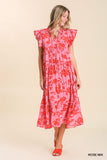 Smocked Shoulder Split Neck Tiered Floral Midi Dress