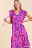 Smocked Shoulder Split Neck Tiered Floral Midi Dress