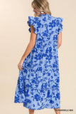 Smocked Shoulder Split Neck Tiered Floral Midi Dress