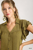 Mineral Washed Double Layer Button Up Dress - Olive