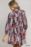 Mixed Print Button Down Dress with Belt Tie - Wine