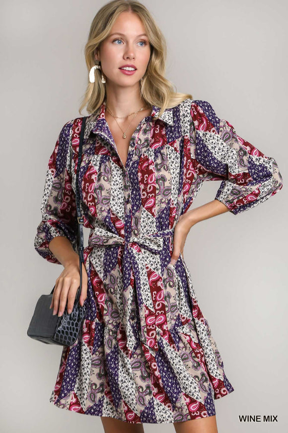 Mixed Print Button Down Dress with Belt Tie - Wine