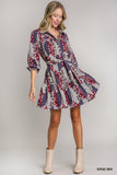 Mixed Print Button Down Dress with Belt Tie - Wine