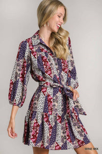 Mixed Print Button Down Dress with Belt Tie - Wine