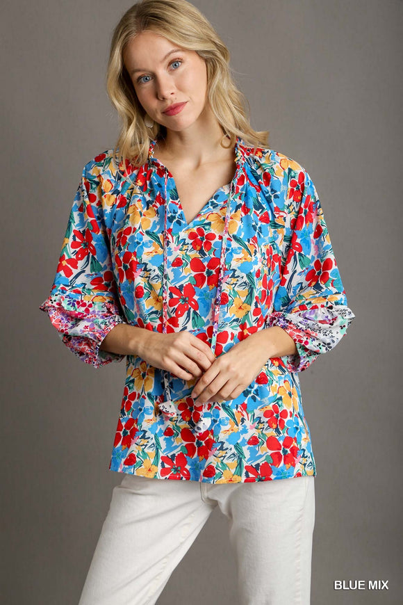 Boxy Floral Mixed 3/4 Sleeves Front Tie Top