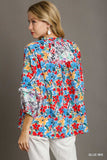 Boxy Floral Mixed 3/4 Sleeves Front Tie Top