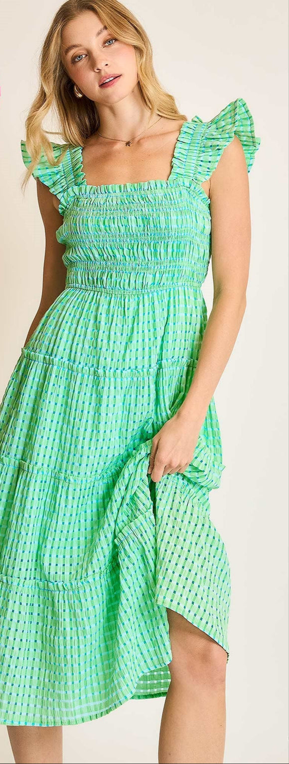 Checkered Seersucker Smocked Maxi Dress - Green