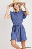 Mineral Washed Button Down Ruffle Hem Dress With Belt Tie