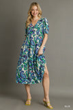 Paisley V-Neck Tiered Mid Button Down Midi Dress - Blue/Green