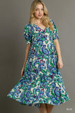 Paisley V-Neck Tiered Mid Button Down Midi Dress - Blue/Green