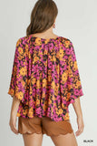 3/4 Bell Sleeve Floral Print V-Neck Pleated Top