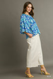 3/4 Bell Sleeve Floral Print V-Neck Pleated Top