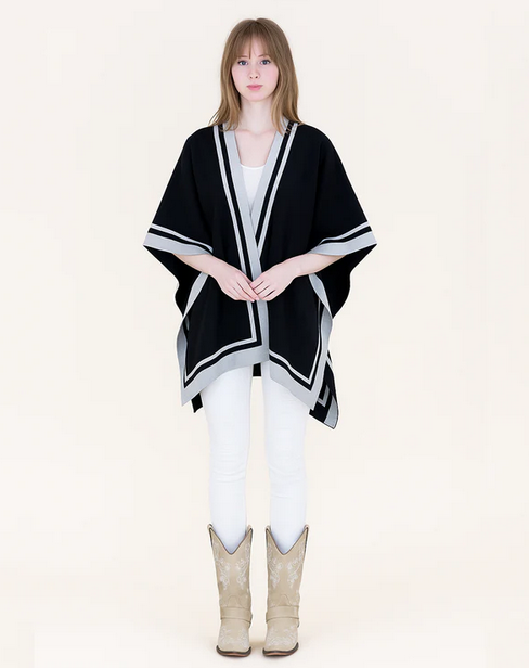 Colorblocked Border Stripe Knit Ruana Wrap - Black/Cream