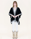 Colorblocked Border Stripe Knit Ruana Wrap - Black/Cream