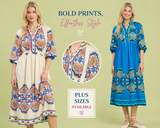 Mosaic Border Puff Sleeve Midi Dress
