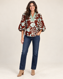 Floral Print Contrast Split-Neck Balloon Sleeve Blouse
