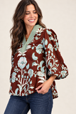 Floral Print Contrast Split-Neck Balloon Sleeve Blouse