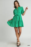 Lace Balloon Sleeve Ruffle Dress - Jade