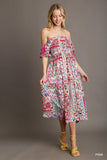 Mixed Print Square Neckline Midi Dress - Fuchsia