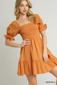 Lace Puff Sleeve Square Neckline Smocked Dress